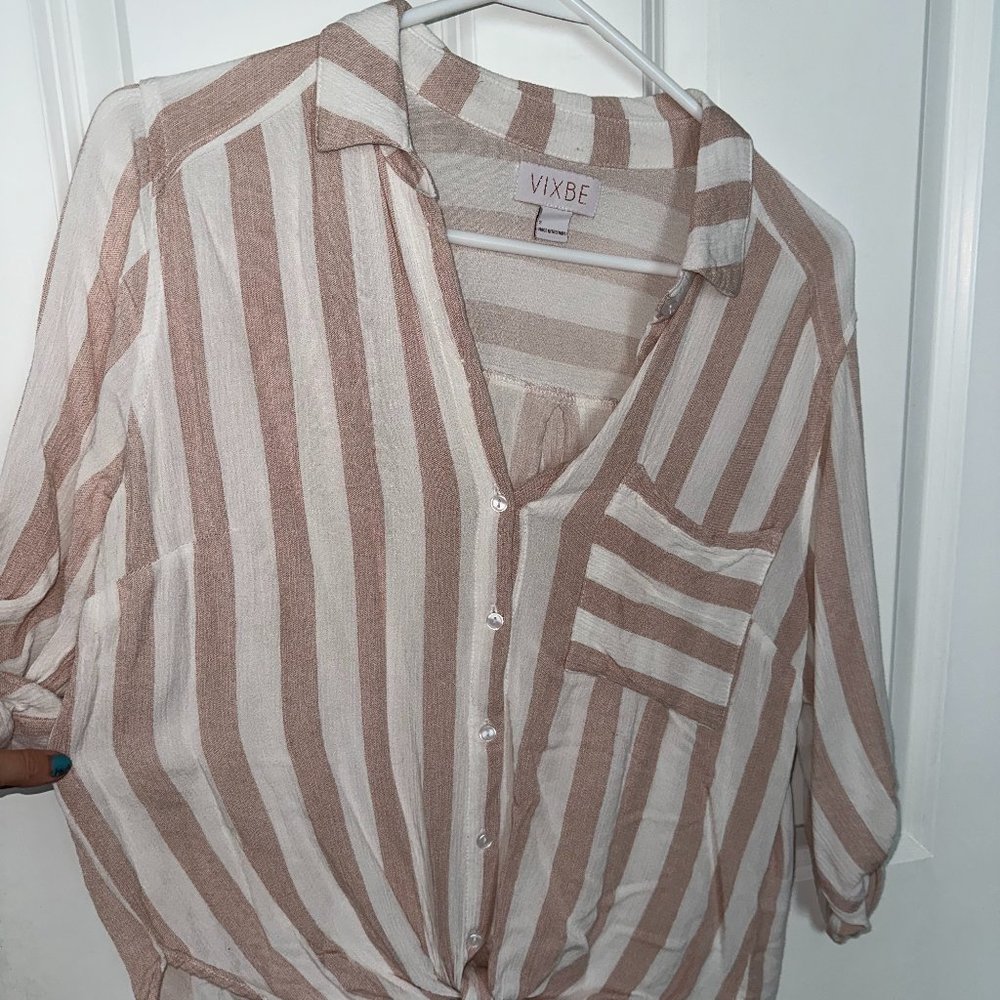 Pink & White Striped Lightweight Button Up With Tie-Front - size small